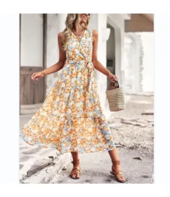 Lace-Up Waist Floral Print Sleeveless Mid-Length Tank Dress Wholesale Dresses SDN539502