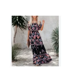 Floral Print Off Shoulder Ruffled Big Lapel Wide Swing Dress Vacation Wholesale Maxi Dresses SDN533013
