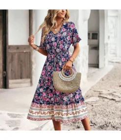 Boho Print Short Sleeve High Waist A-Line Bohemian Dress Wholesale Dresses SDN539503
